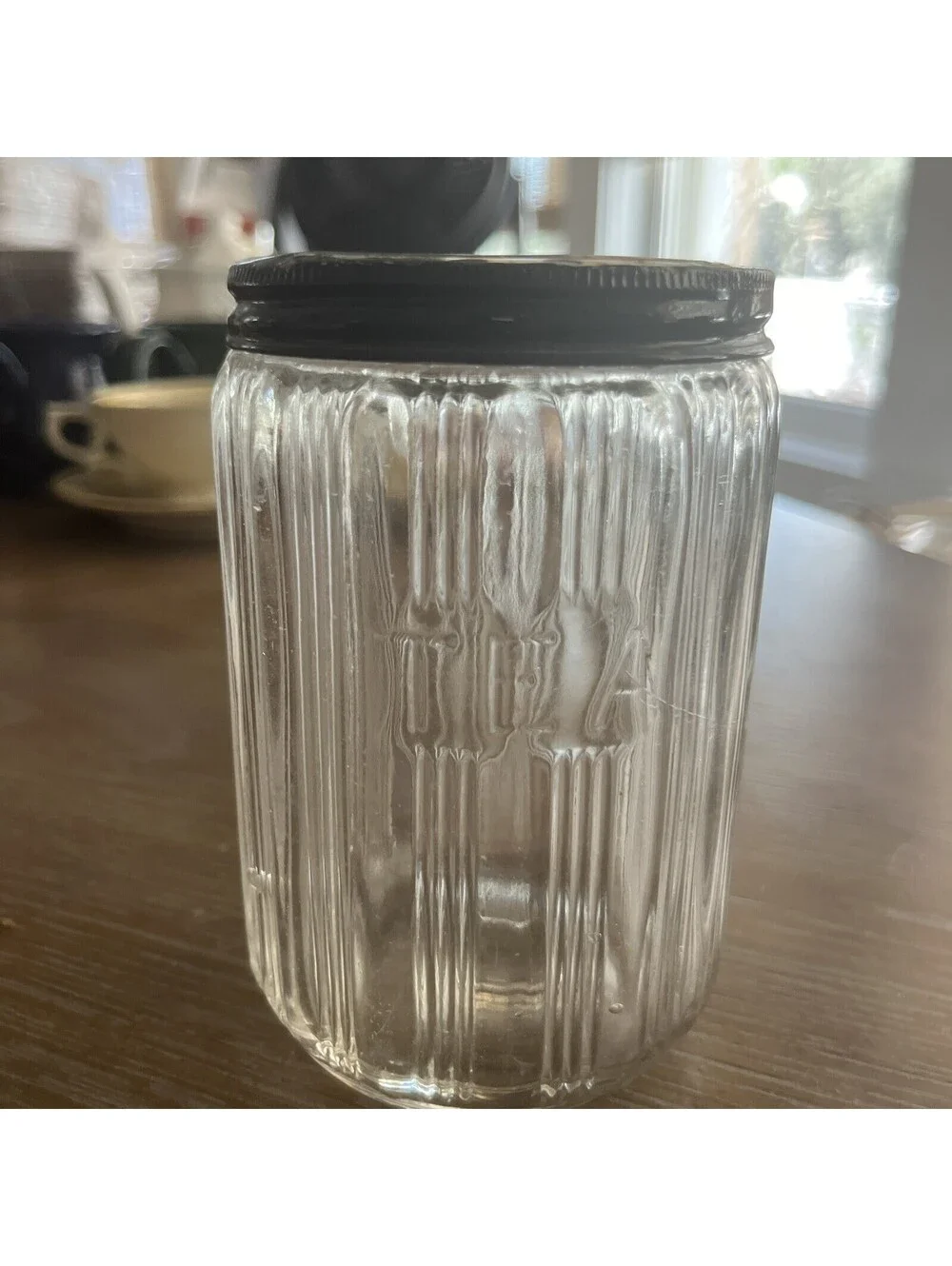Hoosier Glass Tea Jar Black Metal Lid Circa 1930s